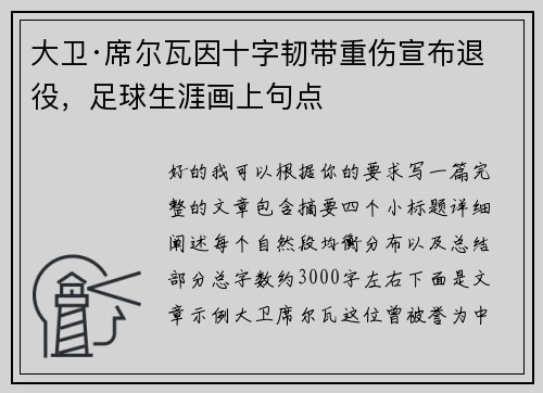 大卫·席尔瓦因十字韧带重伤宣布退役，足球生涯画上句点